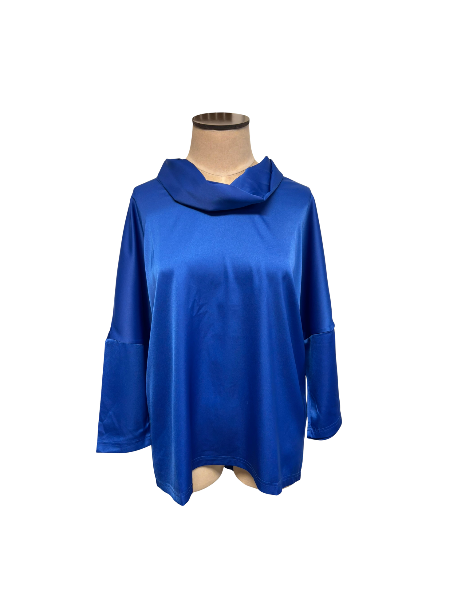 Blue cowl-neck top on a mannequin against a white background