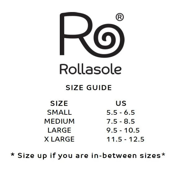 Rollasole size guide with US measurements on a white background