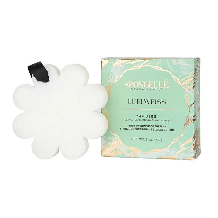 White flower-shaped body wash buffer with packaging on a white background