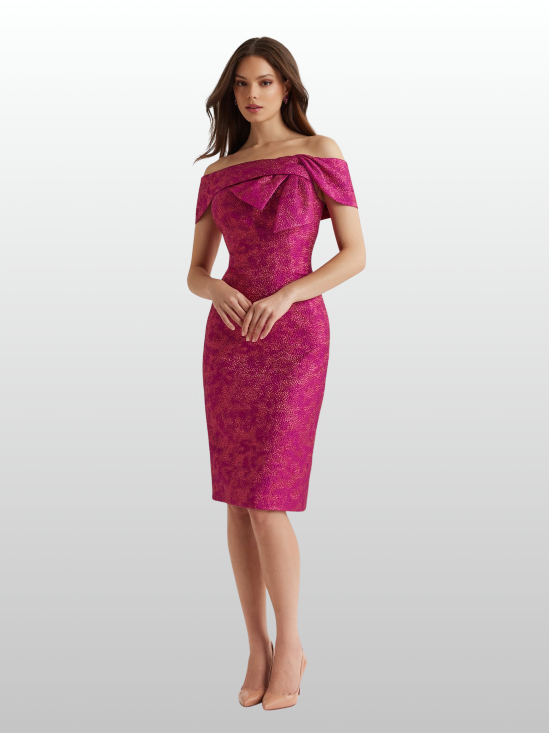 Teri Jon | Pebble Jacquard Asymmetrical Bow Dress