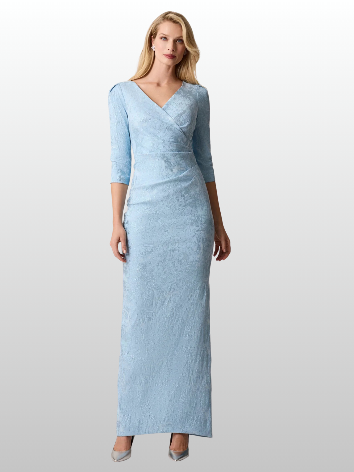 Teri Jon | Stretch Jacquard 3/4 Sleeve V Neck Ruched Gown
