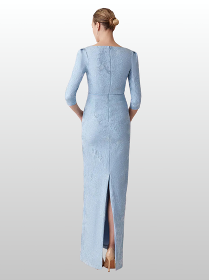 Teri Jon | Stretch Jacquard 3/4 Sleeve V Neck Ruched Gown