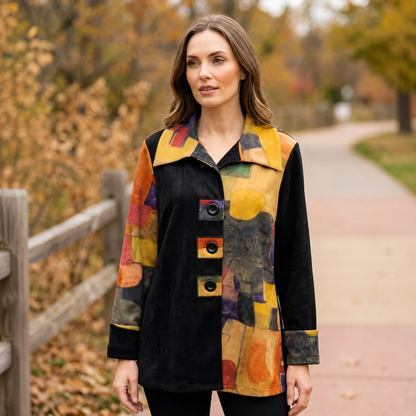 too fan Printed Suede Color Block Jacket | Women&