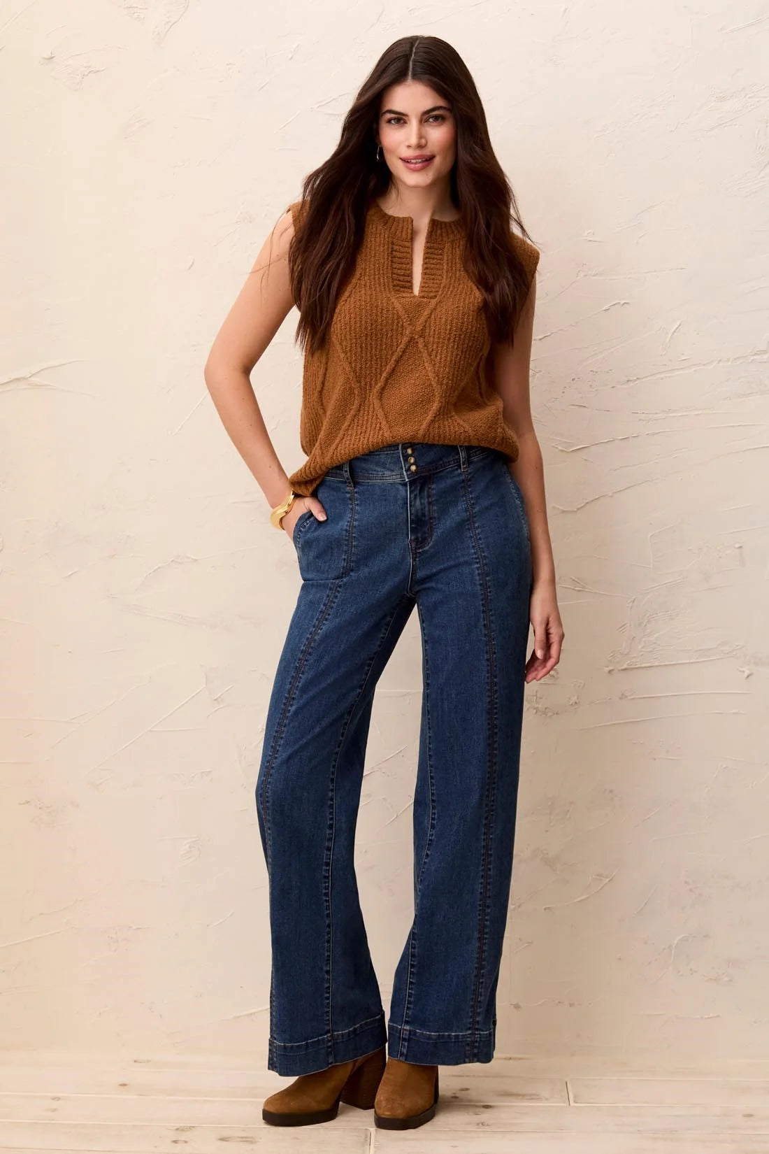 High-waisted, wide-leg blue denim jeans with cuffed hems by tribaly Audrey Comfort Stretch Wide Leg Pintuck Denim Trousers