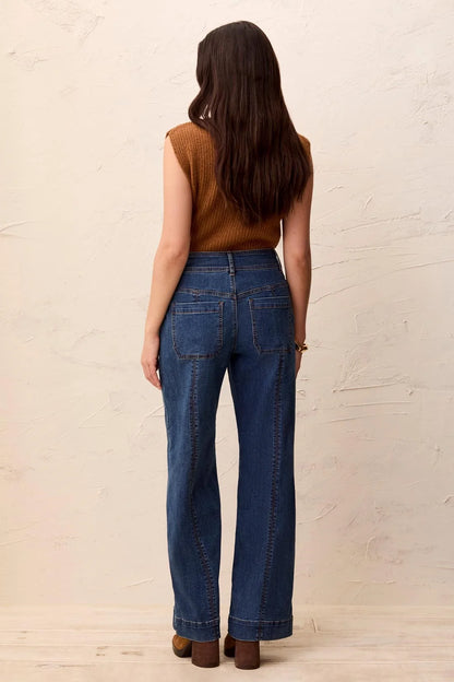 High-waisted, wide-leg blue denim jeans with cuffed hems by tribaly Audrey Comfort Stretch Wide Leg Pintuck Denim Trousers