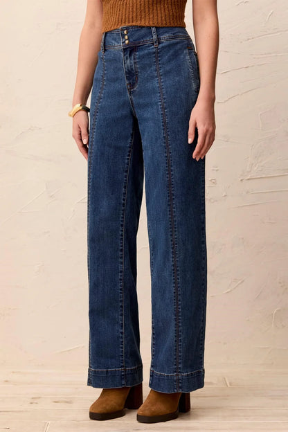 High-waisted, wide-leg blue denim jeans with cuffed hems by tribaly Audrey Comfort Stretch Wide Leg Pintuck Denim Trousers