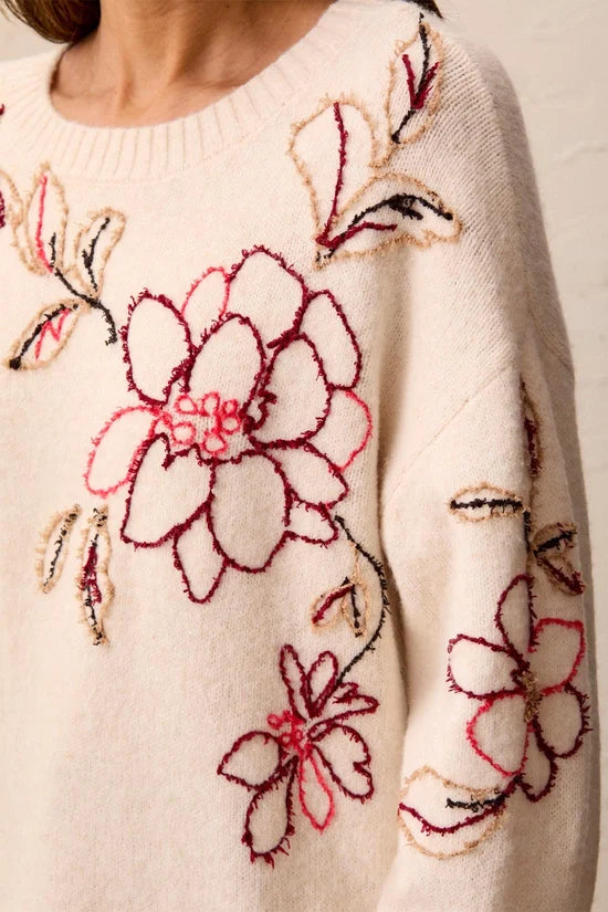 tribal Eyelash floral Embroidered Long Sleeve Crew Neck Sweater
