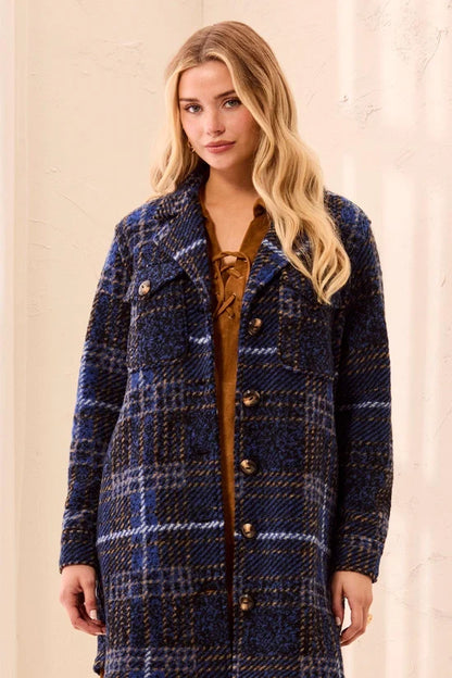 blue Knit Plaid Notch Collar Buttoned Shacket