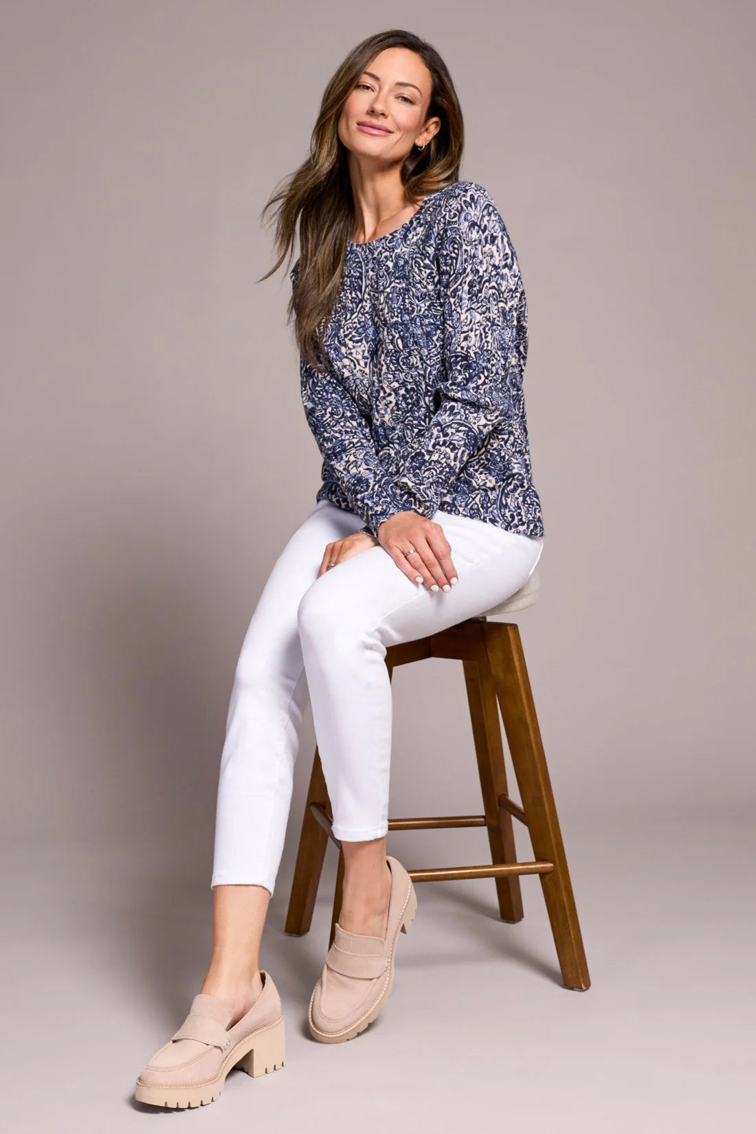 Printed Cable Cotton Crew Neck Sweater