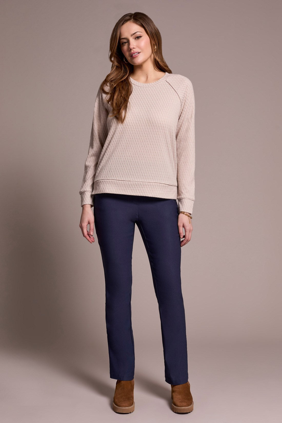 Tribal |Textured Knit Crew Neck Raglan Sleeve Knit Top - Sandstone