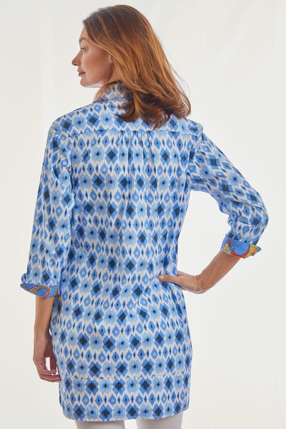 Dizzy Lizzie | Vail Tunic Blue Ikat Print | Cloister Collection | SHIRT