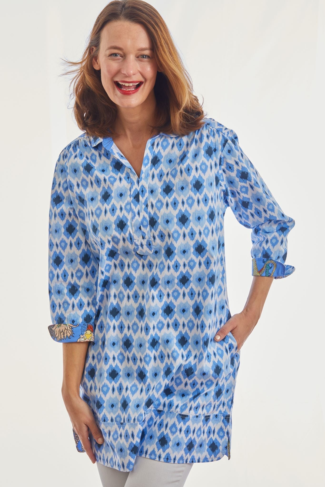 Dizzy Lizzie | Vail Tunic Blue Ikat Print | Cloister Collection | SHIRT