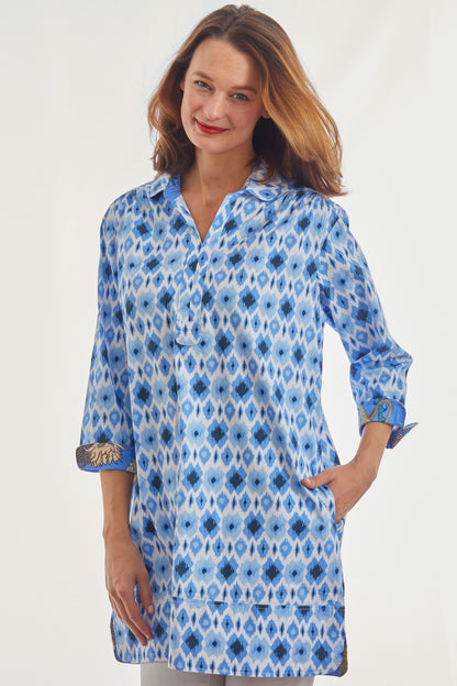 Dizzy Lizzie | Vail Tunic Blue Ikat Print | Cloister Collection | SHIRT