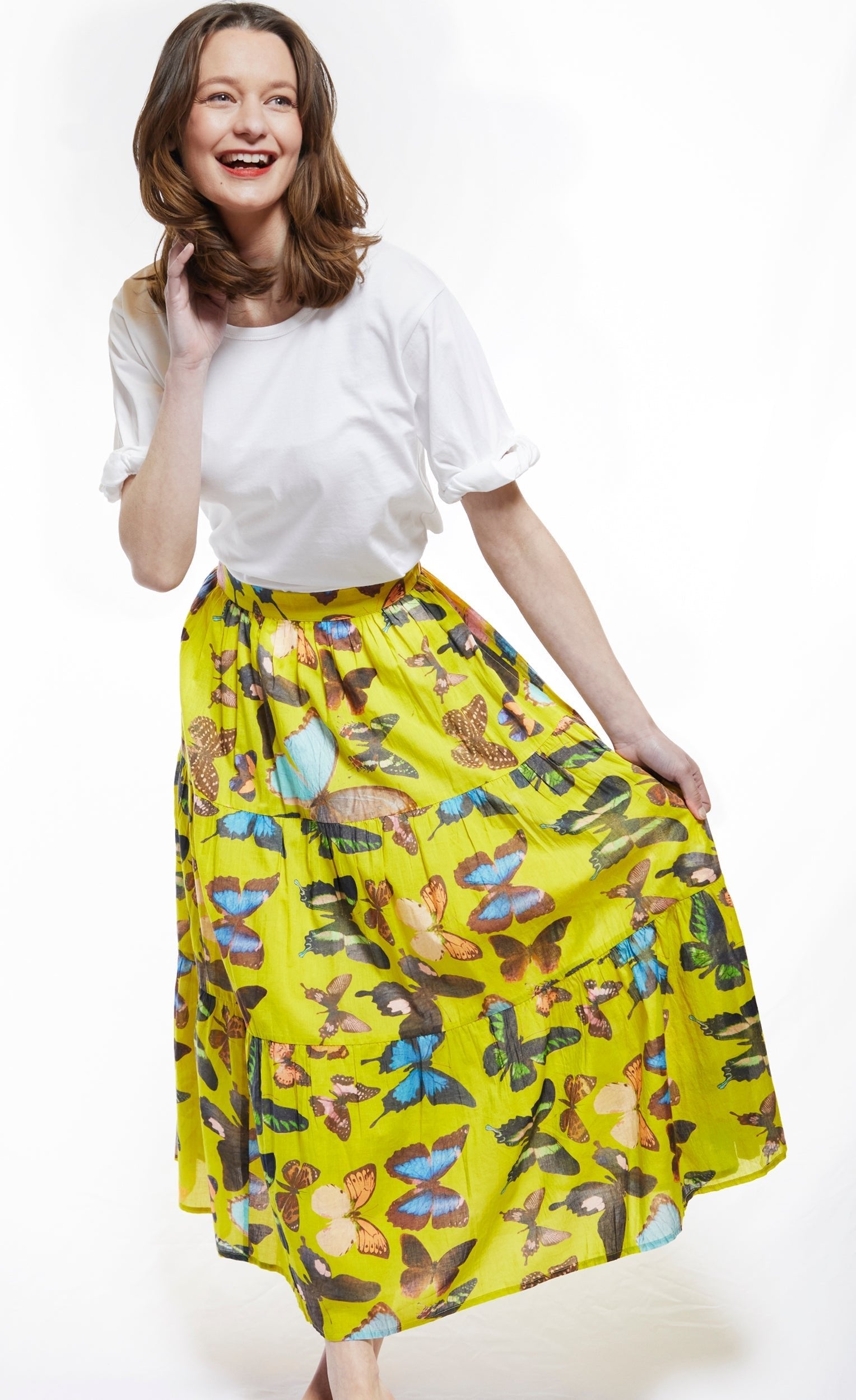 Dizzy Lizzie | Woodstock Skirt in Chartreuse with Butterflies | Cloister Collection | SKIRT