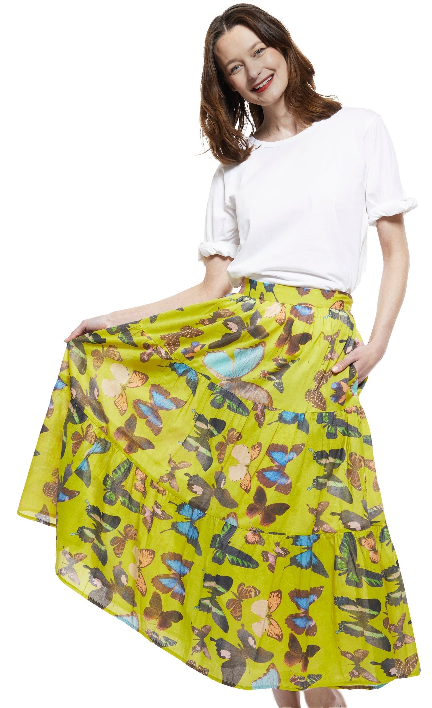 Dizzy Lizzie | Woodstock Skirt in Chartreuse with Butterflies | Cloister Collection | SKIRT