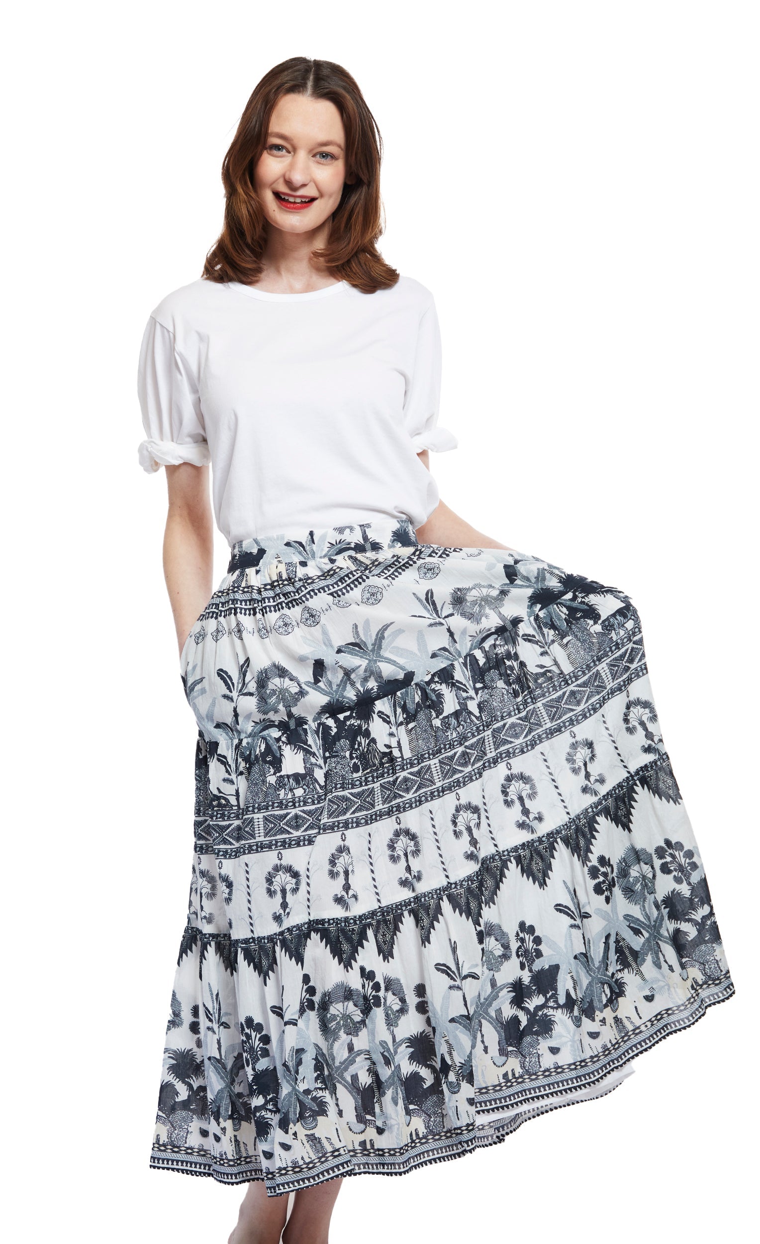 Dizzy Lizzie | Woodstock Skirt with Grey Ikat Print | Cloister Collection | SKIRT