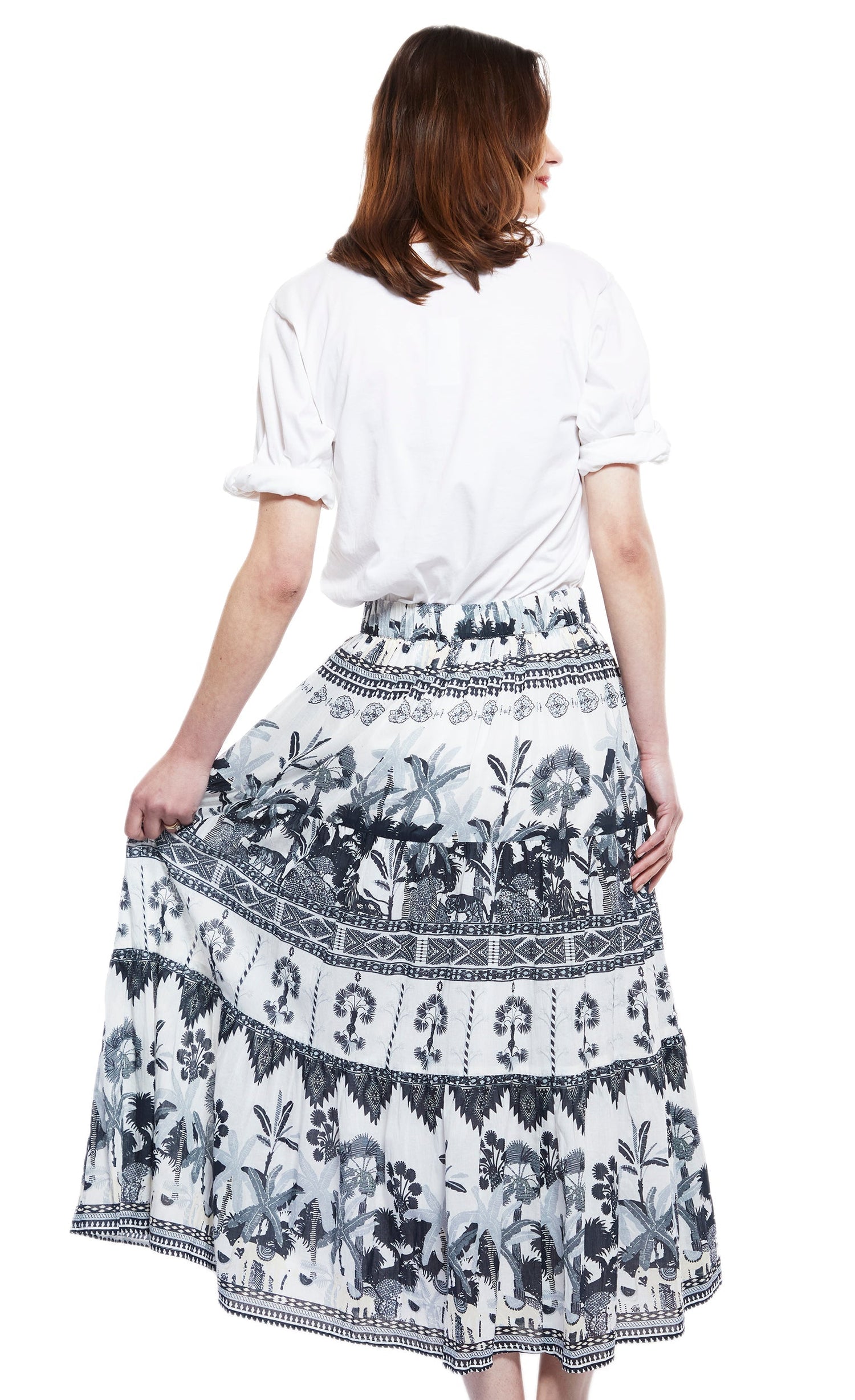 Dizzy Lizzie | Woodstock Skirt with Grey Ikat Print | Cloister Collection | SKIRT