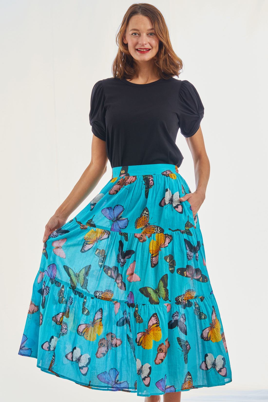 Dizzy Lizzie | Woodstock Turquoise Butterfly Pull On Flounce Skirt | Cloister Collection | SKIRT