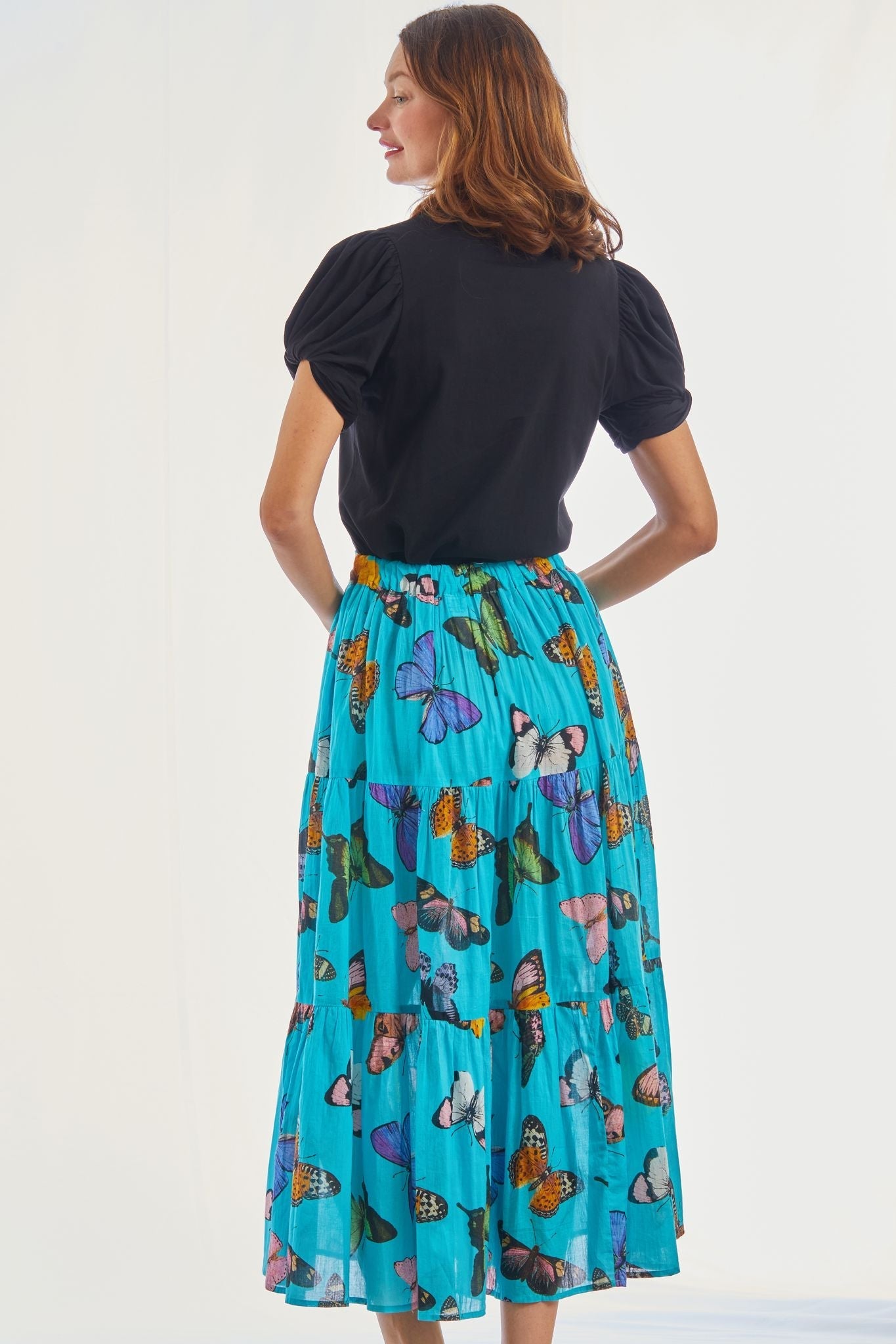 Dizzy Lizzie | Woodstock Turquoise Butterfly Pull On Flounce Skirt | Cloister Collection | SKIRT