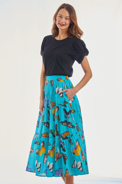 Dizzy Lizzie | Woodstock Turquoise Butterfly Pull On Flounce Skirt | Cloister Collection | SKIRT