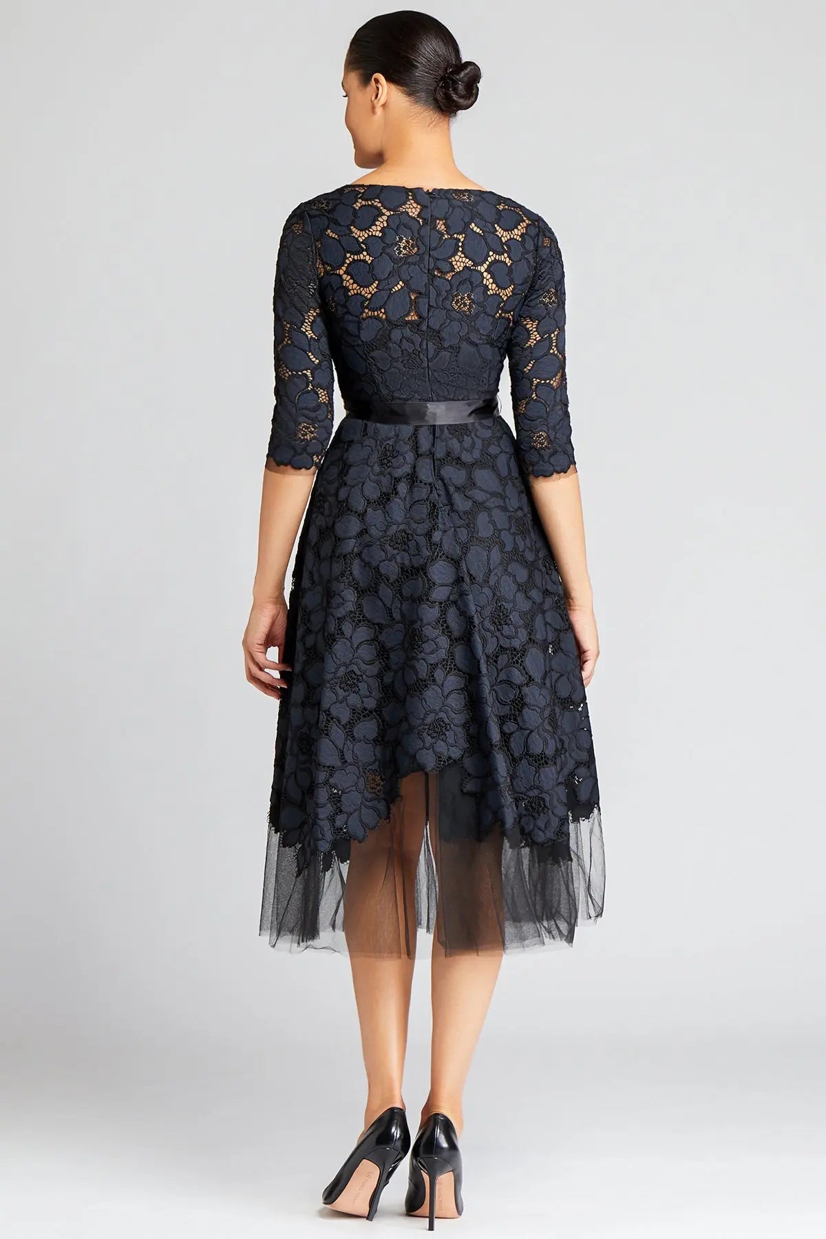 teri jon lace cocktail dress Teri Jon 3/4 Sleeve Lace Fit And Flare Dress with Bow